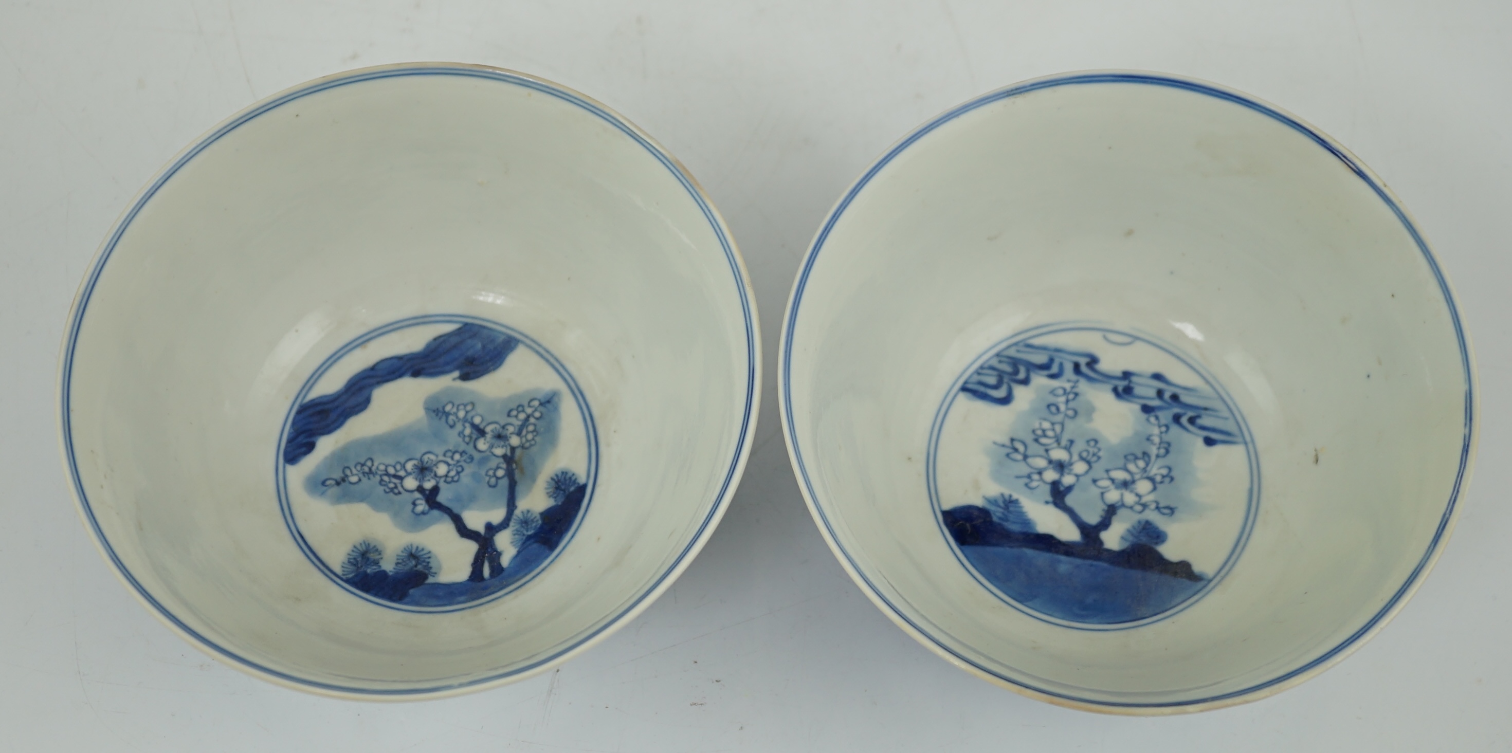 A near pair of Chinese blue and white ‘birds’ bowls, Kangxi period, one bowl restored
